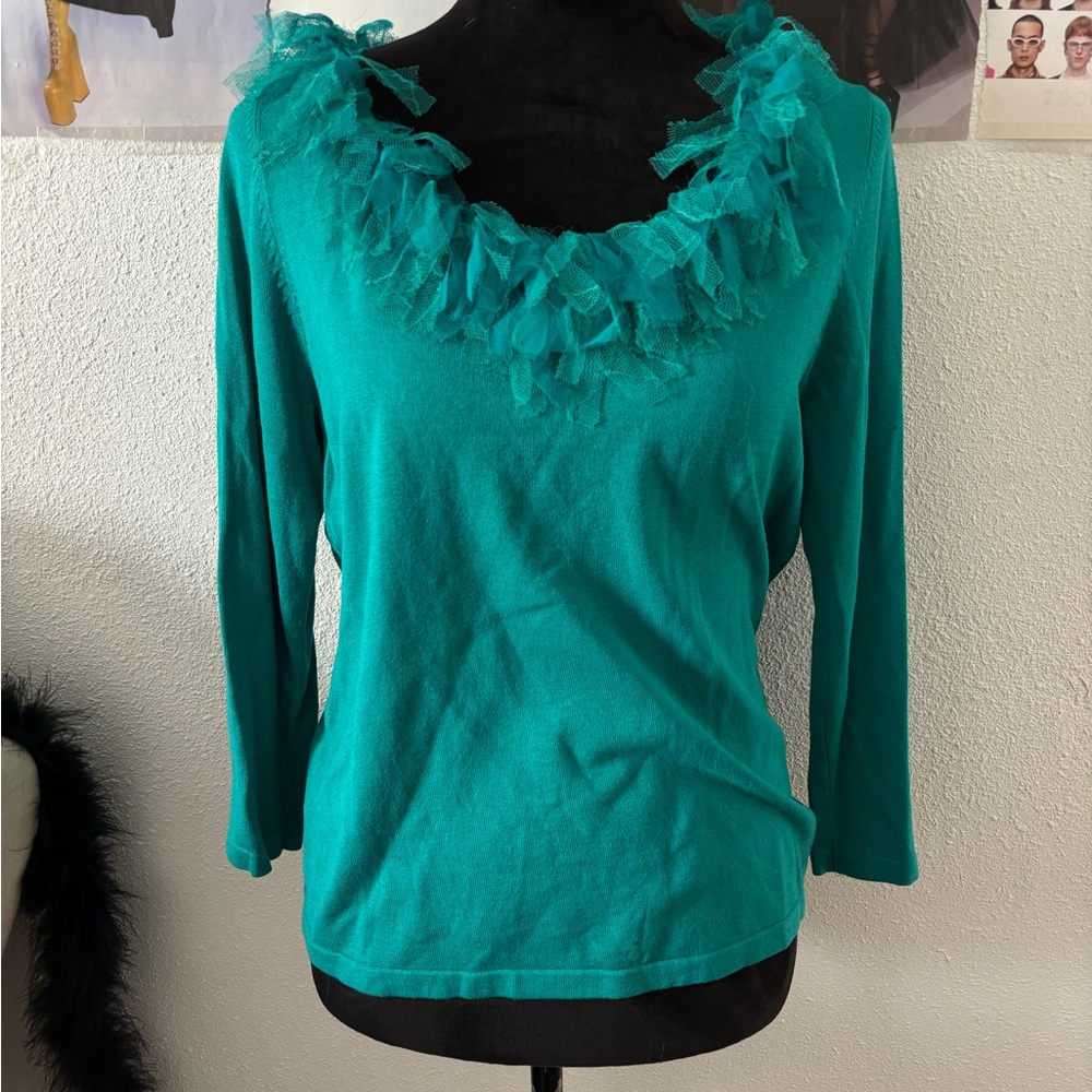 Lucia Burns Women’s Teal Ruffle Neck Top